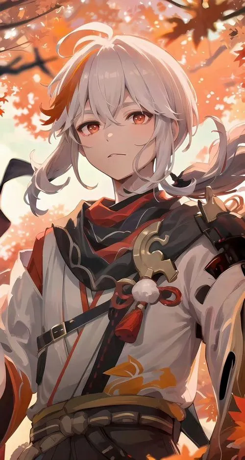 Hình đẹp Kazuha tông xám đen đỏ, nền thoáng sạch, hiệu ứng Phong nhẹ, nhìn mát mắt