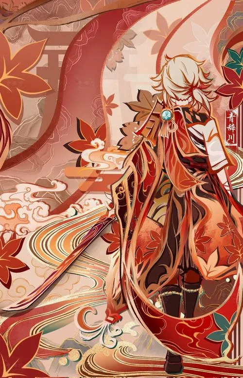 Hình nền Kazuha dùng Vạn Diệp Phạt Thế, vùng gió sáng hạt, tông xám đen đỏ nổi