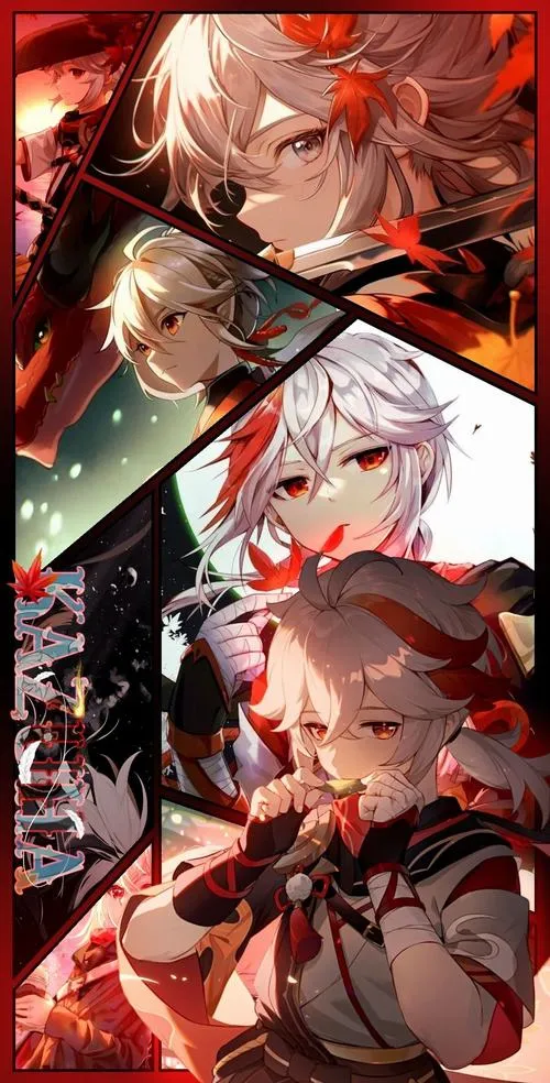 Hình Kazuha cạnh lá phong rơi, họa tiết áo rõ, mắt đỏ trầm, vibe thu và yên