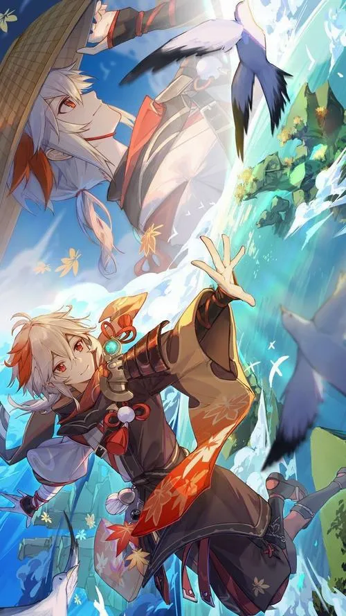 Ảnh 4K Kazuha chi tiết tóc và mắt đỏ phong sẫm, lá phong nổi, nền trời mờ sương