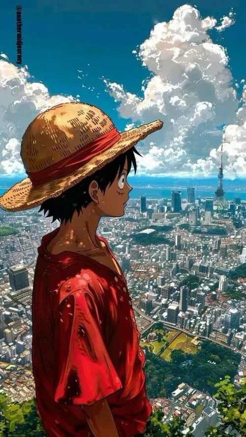 Hình 4K Luffy kiểu kính màu, gợi Nika rực rỡ, ánh sáng loang làm nhân vật bật lên.