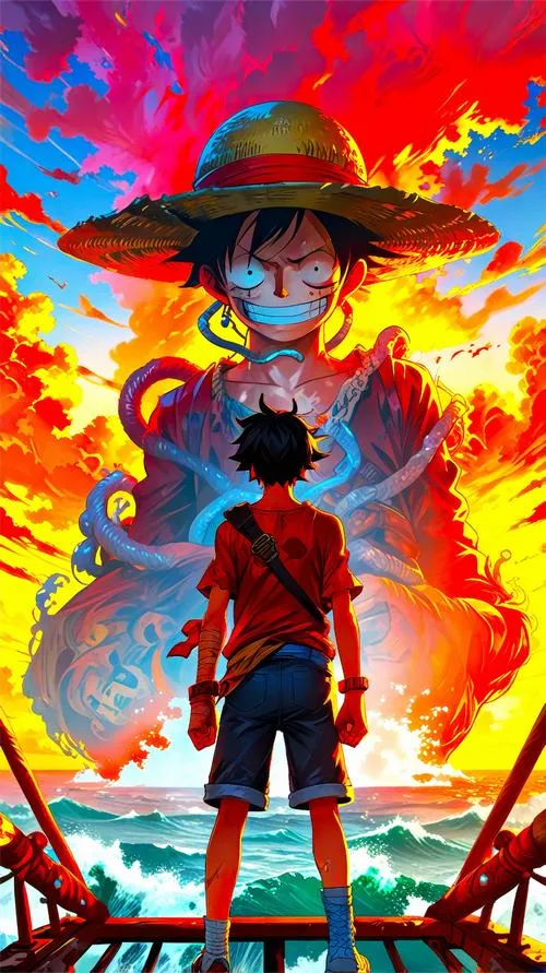 Hình bóng Luffy Mũ Rơm gợi lời hứa Shanks, hoàng hôn biển lặng và tàu xa mờ.
