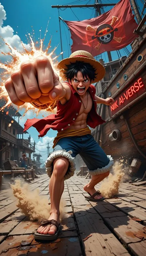 Hình ngầu tông lửa đỏ, Luffy như bật Haki Vũ trang, lực đánh nặng và dứt khoát.