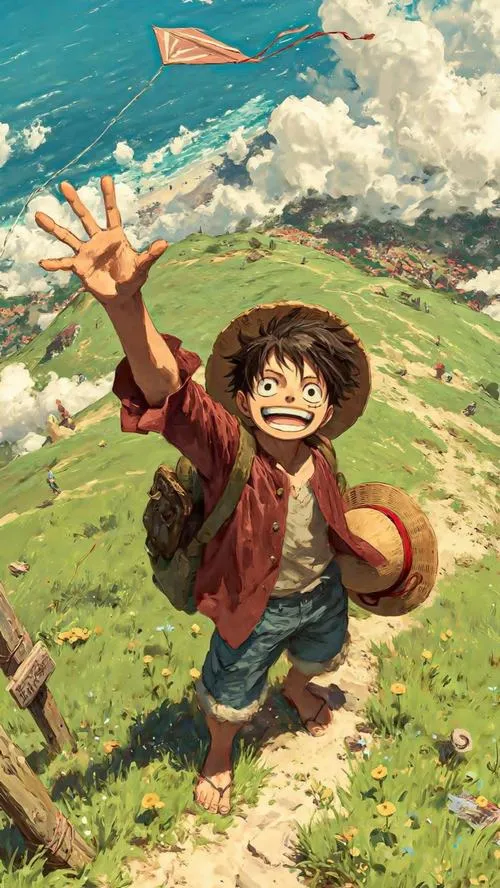 Hình phong cảnh bầu trời tím, dáng Luffy như bước vào Tân Thế Giới, không khí huyền.