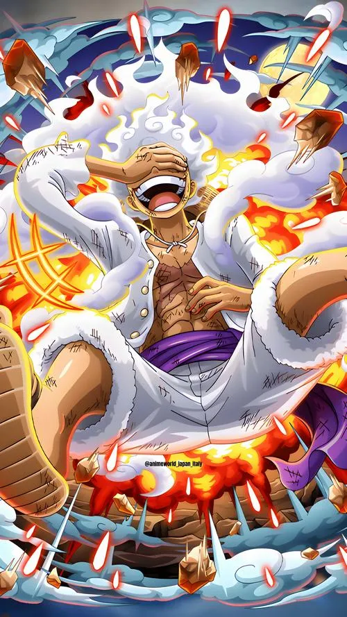 Ảnh fanart Luffy thức tỉnh chạy trên mặt nước xanh, nền thành phố mờ, chất 4K rất cuốn mắt