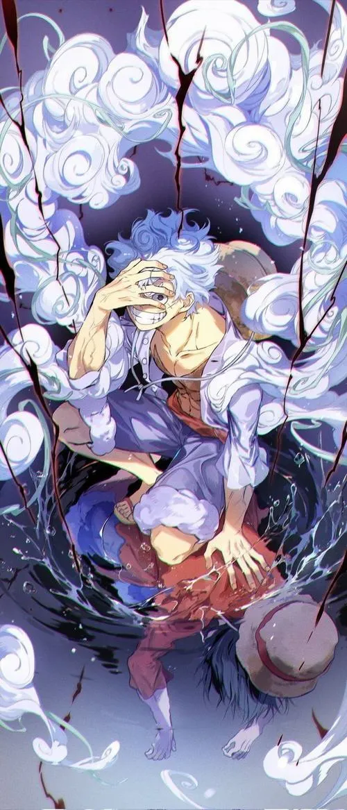 Hình nền Luffy gear 5 trong bão tố xanh đen, ánh viền sáng mạnh, nhìn ngầu và có chiều sâu