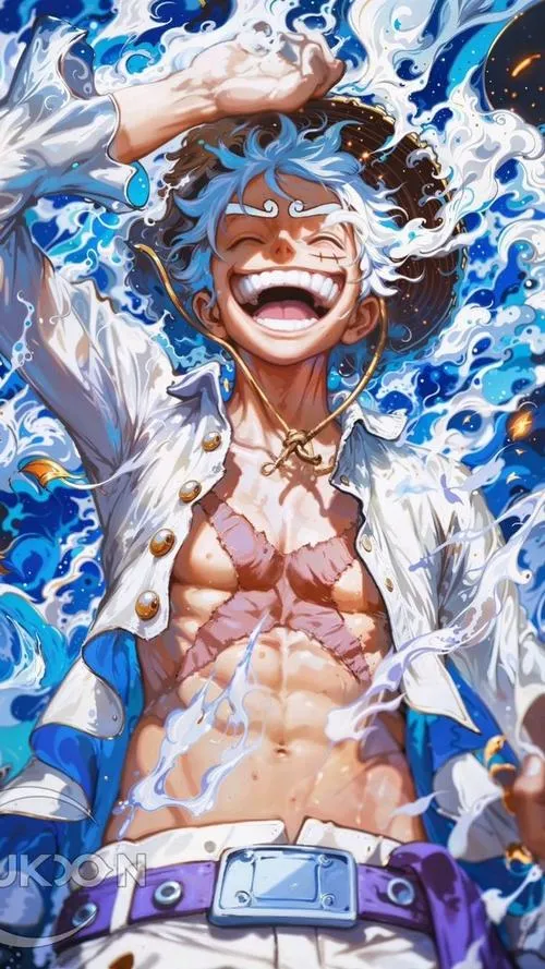 Ảnh anime Luffy Nika cùng nền trắng tím mềm, tóc mây và lông mày xoắn nổi rõ, hợp khóa màn hình