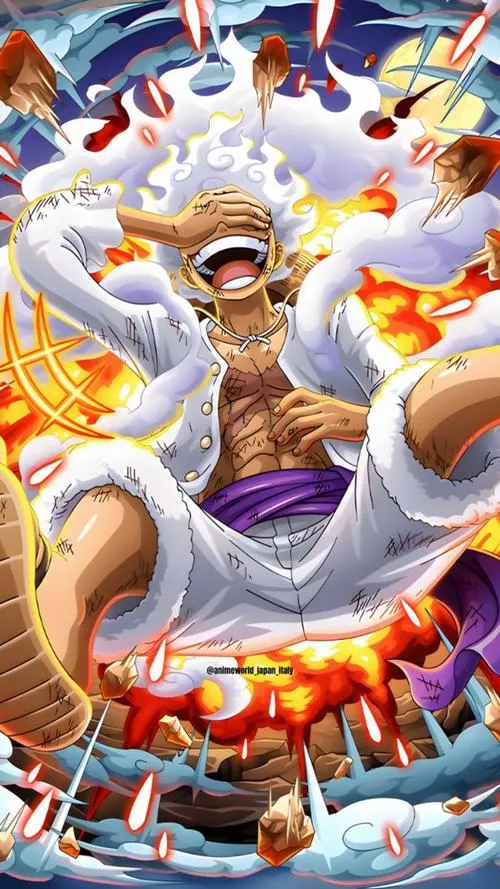 Hình nền Luffy gear 5 cười lớn giơ tay, ánh xanh quanh người, phong cách fanart 4K cực nổi