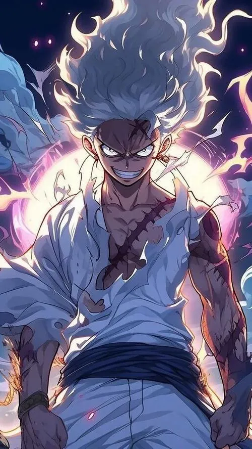 Nền máy tính Luffy Gear 5 ánh viền rực, tương phản cao, để icon vẫn rõ và sạch