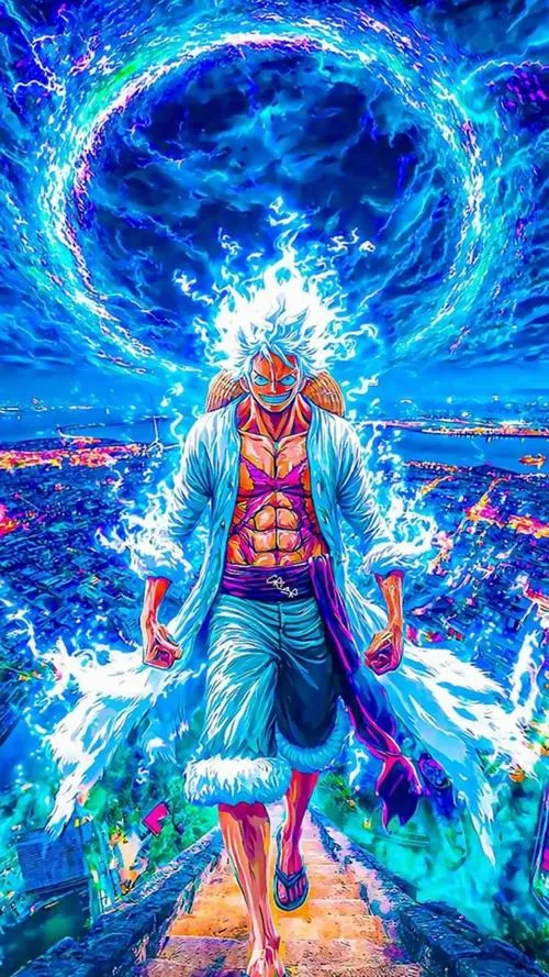 Ảnh anime Luffy thức tỉnh Model Nika đứng giữa quầng năng lượng xanh, hợp đặt làm hình 4K