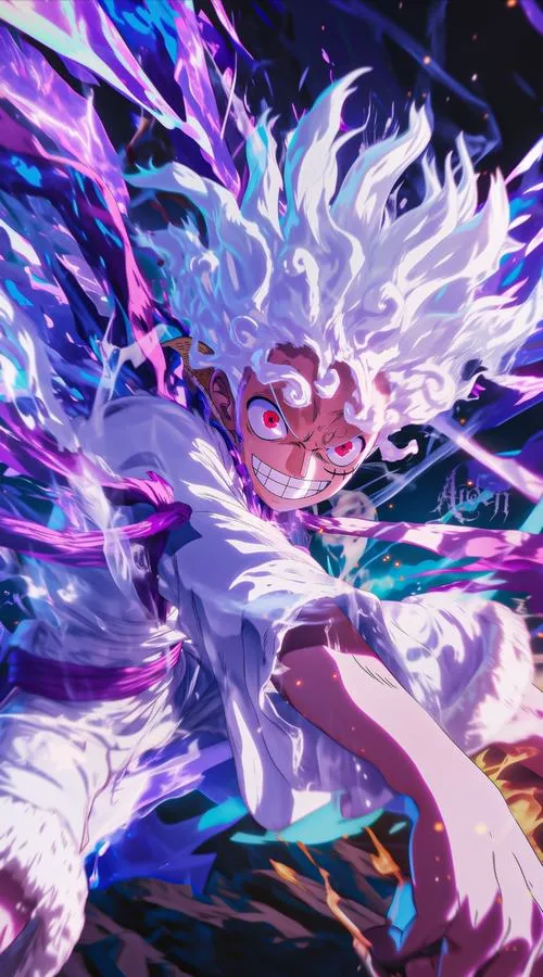 Phông nền tối Luffy Gear 5 trắng nổi bật, hiệu ứng khói sương, tạo chiều sâu rõ rệt