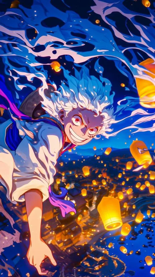 Ảnh nền tối giản Luffy Nika, tập trung vào mắt sáng và vầng mây quanh vai, rất sạch