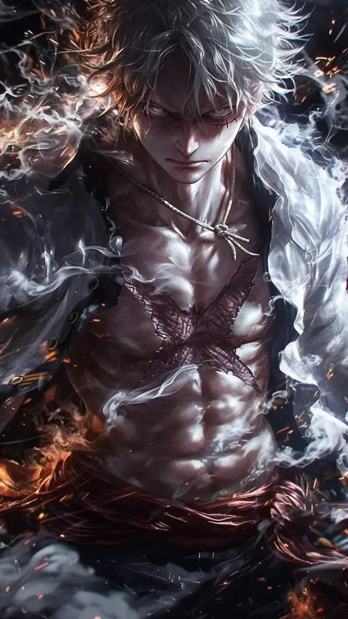 Cover điện thoại Luffy Gear 5 với tia sáng xoáy, hiệu ứng mưa bụi, tạo mood mạnh mẽ