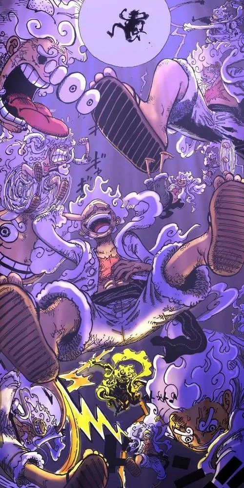 Ảnh fanart Luffy gear 5 sắc tím huyền, vầng mây quanh vai nổi bật, vibe siêu thực đầy cuốn