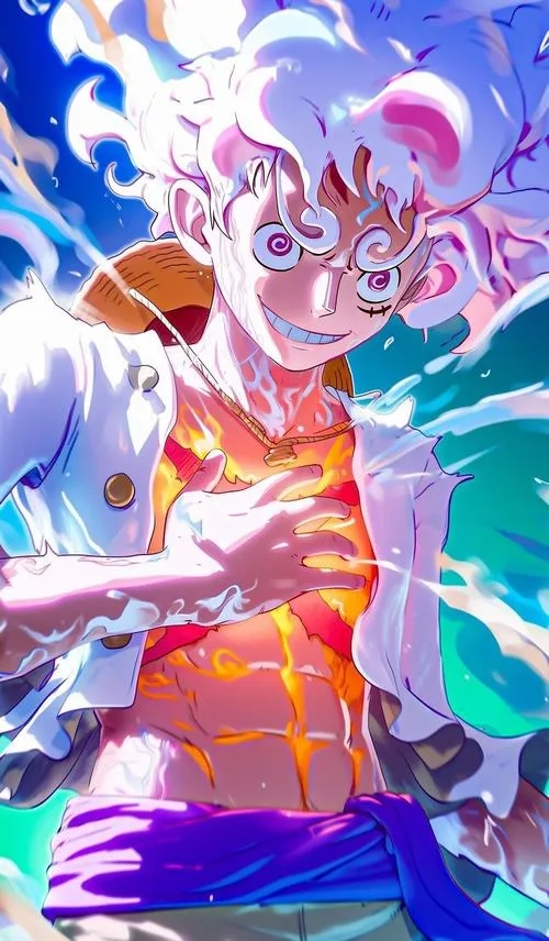 Ảnh banner fanmade Luffy Nika, nền bầu trời mở, ánh sáng tràn viền, mood thoáng và sáng