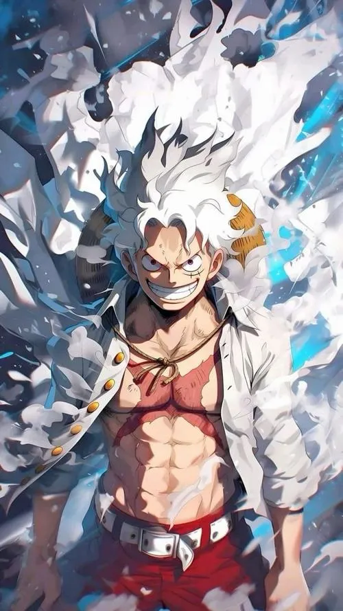 Nền dọc tông xanh tím, Gear 5 cười lớn, hiệu ứng neon loang, hợp ai thích phong cách nổi bật