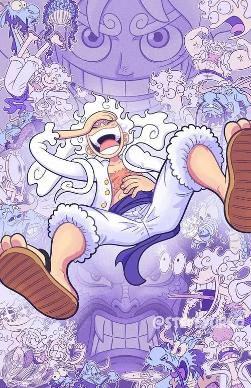 Hình nền Luffy gear 5 phong cách chibi, nền tím nhẹ, nét cười tinh nghịch hợp làm avatar