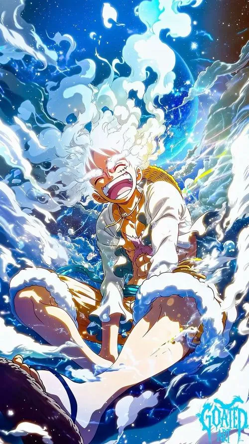 Hình nền Luffy gear 5 bay giữa biển năng lượng, tóc trắng như mây, hiệu ứng nước vỡ siêu nổi