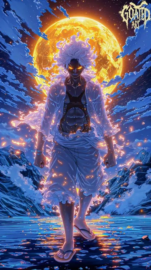 Ảnh anime Luffy Nika giữa làn sóng cuộn, ánh viền xanh trắng, hợp nền tối tăng tương phản