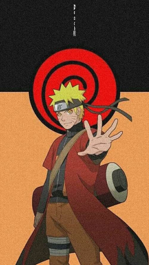 Hình Naruto Hiền Nhân đứng tối giản trước vòng đỏ, quầng cam nhẹ, ánh nhìn rất tỉnh