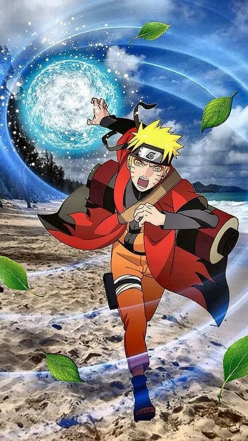 Ảnh Naruto Tiên Nhân lao tới tung Rasengan xanh, nền đá vỡ, gió bụi bốc mạnh