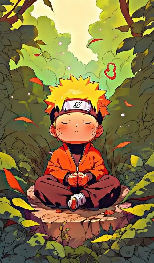 Ảnh 4K Naruto Hiền Nhân chibi ngồi tĩnh tâm giữa rừng, lá bay, cảm giác cân bằng năng lượng