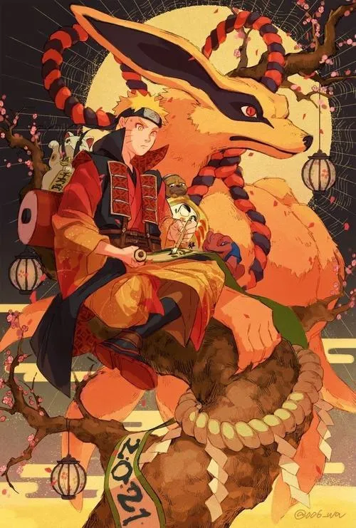 Ảnh bìa Naruto Hiền Nhân cùng Cửu Vĩ phía sau, tông cam đỏ, khí thế dậy sóng