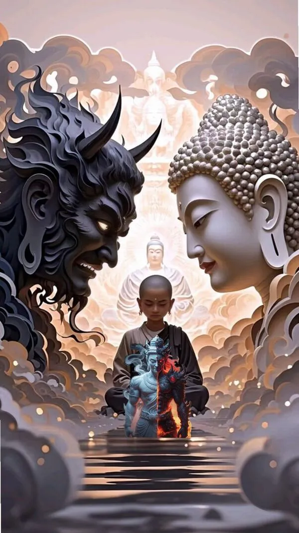 Khung Phật đối lập quỷ với đối xứng chia đôi khung rõ rệt