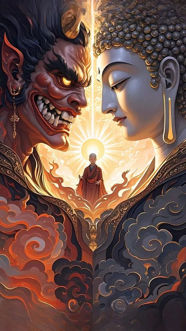 Hình nền nửa phật nửa quỷ mang vibe tĩnh lặng đối đầu bão giận