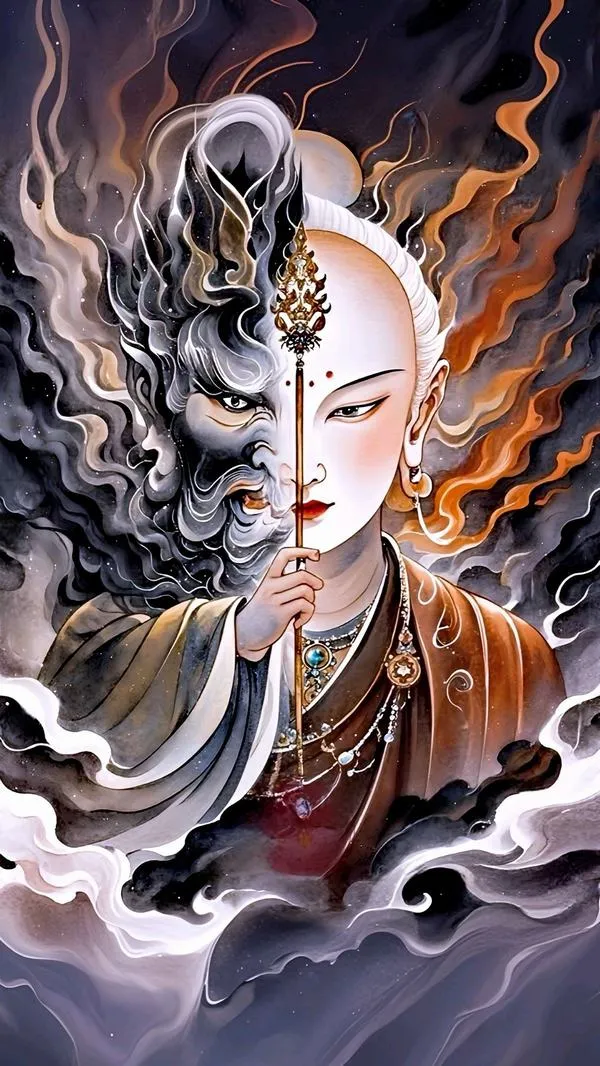 Tạo hình Địa Tạng trong mây khói xám tro trấn áp nội tâm