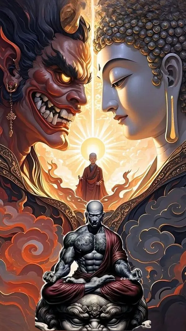 Hình nền nửa phật nửa quỷ phong cách khói lửa, ranh giới thiện ác mờ đến khó tin