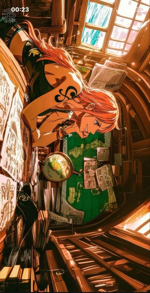 Ảnh đẹp góc phòng ấm ánh cam, không khí như khoang tàu Thousand Sunny, hợp làm nền khi làm việc lâu