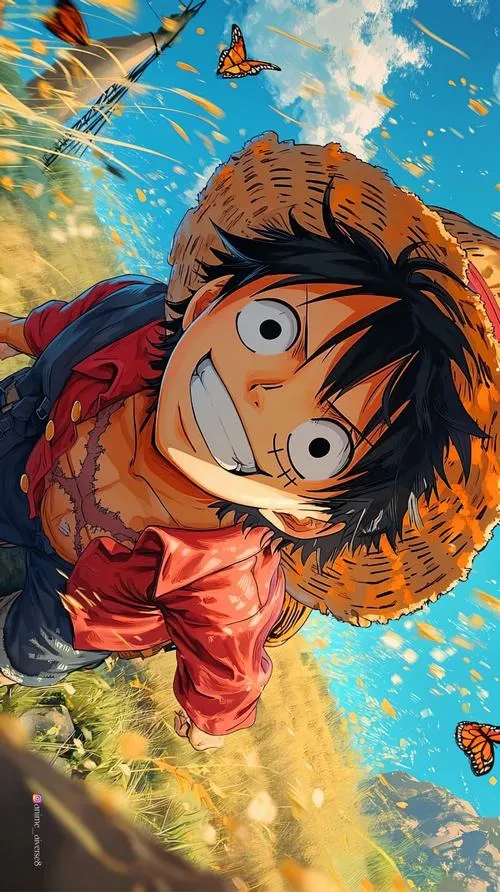 Ảnh cận mặt Luffy đội mũ rơm, ánh sáng vàng ấm, hợp làm avatar vì biểu cảm vừa lì vừa vui