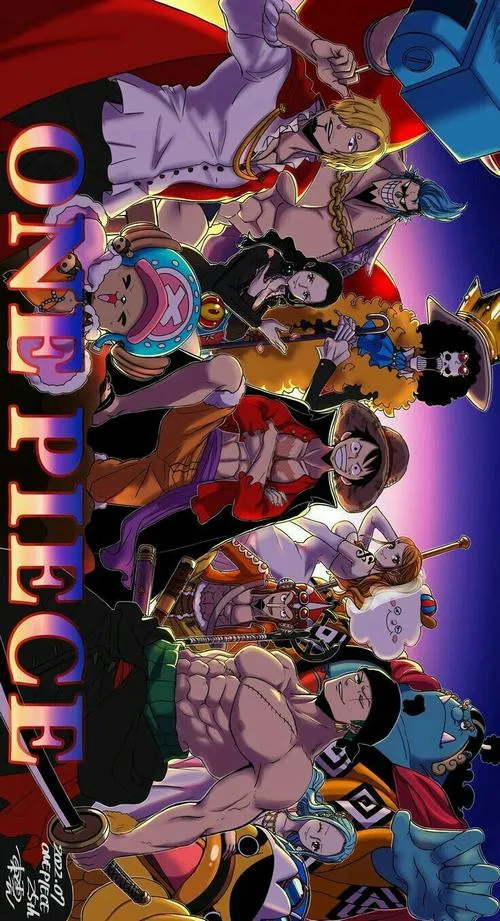 Hình fanart tông tím với dàn nhân vật đối đầu, chữ One Piece nổi bật, hợp làm ảnh bìa ngầu cho PC