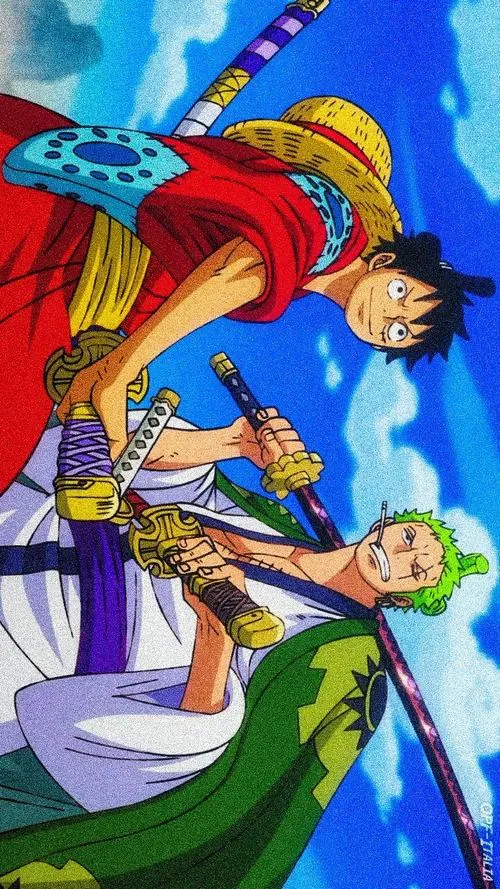 Hình anime Luffy và Zoro tạo dáng giữa trời xanh, vibe hải tặc trẻ, hợp làm hình nền 4K