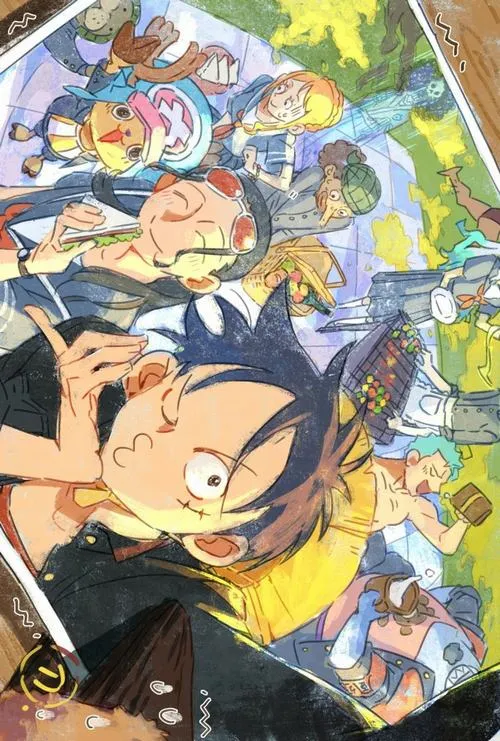 Hình anime nhiều nhân vật chen khung, Luffy nổi bật trung tâm, màu sáng mạnh, hợp làm hình nền 4K