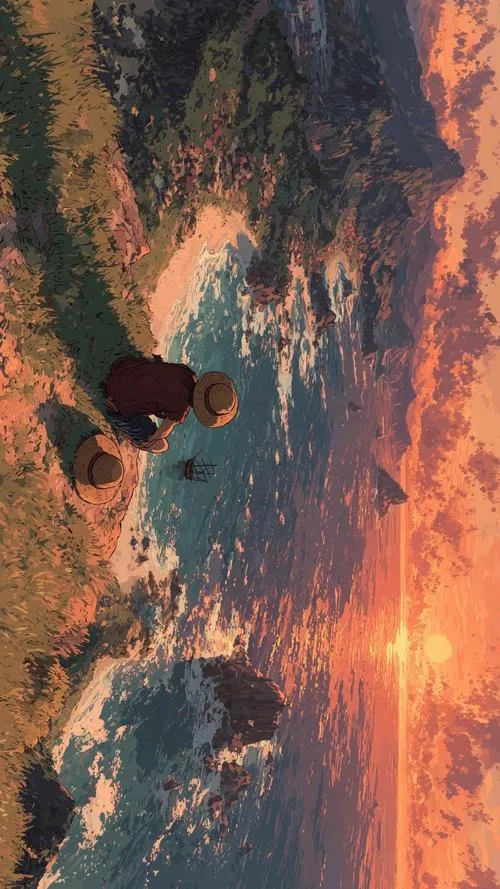 Ảnh nền phong cảnh hoàng hôn rộng, mây và biển kéo dài, hợp người thích One Piece theo kiểu trầm ấm