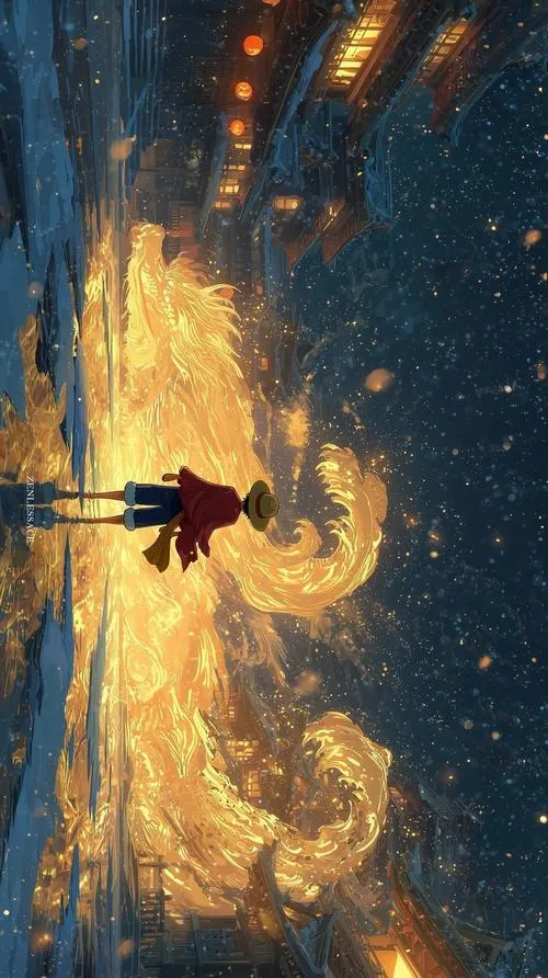 Hình anime nhân vật bay qua xoáy sáng vàng, cảm giác bứt tốc như chiêu thức, hợp wallpaper nhìn nổi bật