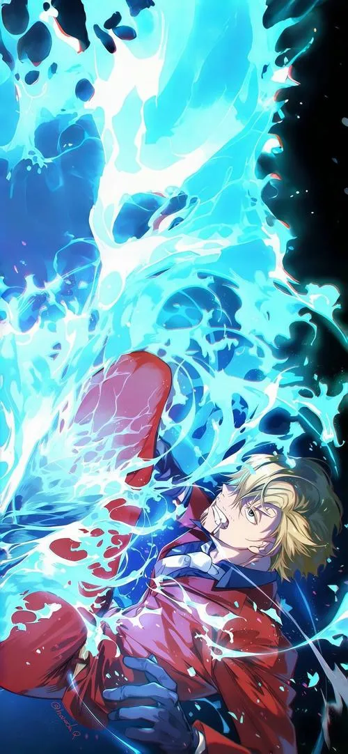 Ảnh fanart tia sét xanh dựng đứng, nhân vật giữa luồng năng lượng, hợp làm hình nền 4K siêu bắt mắt