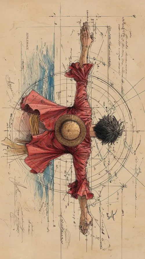 Hình nền phong cách giấy cũ, Luffy dang tay giữa bản đồ, cảm giác kho báu và lời thề rất rõ nét