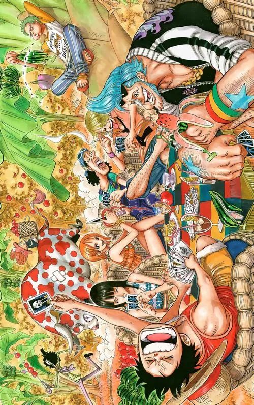 Hình nền cảnh hỗn hợp Wano rực màu, nhân vật chen lớp như lễ hội, cảm giác hành trình Grand Line rất rõ