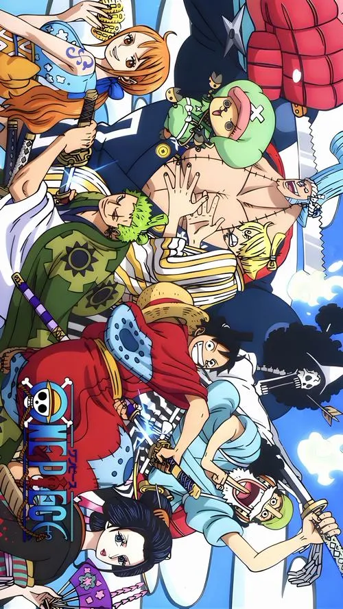 Hình nền nhóm băng Mũ Rơm tụ họp vui nhộn, nền trời sáng, hợp đặt desktop cho cảm giác tích cực