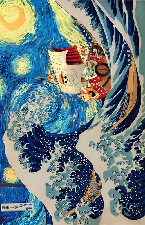 Ảnh fanart sóng lớn kiểu tranh cổ, phối biểu tượng biển cả One Piece, hợp ai thích nghệ thuật và chất Nhật