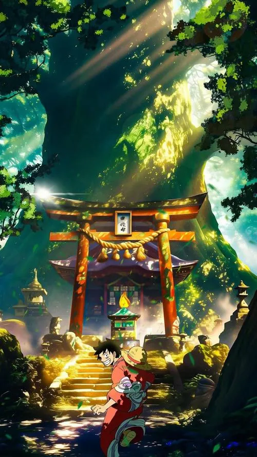 Hình nền Đảo Hải Tặc cổng đỏ giữa rừng xanh, ánh sáng sâu, hợp nền điện thoại phong cách điện ảnh.