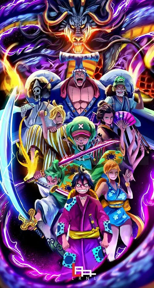 Hình nền Đảo Hải Tặc tông tím neon, nhiều nhân vật chồng lớp, cực hợp làm avatar phong cách ngầu.