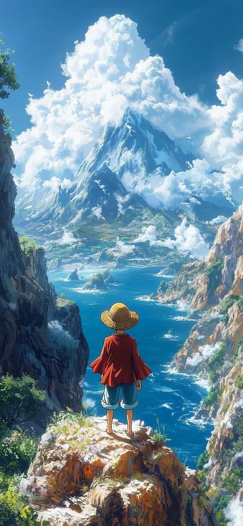 Hình nền One Piece Luffy đứng trên vách đá nhìn mây lớn, thoáng đãng, đúng tinh thần tự do.