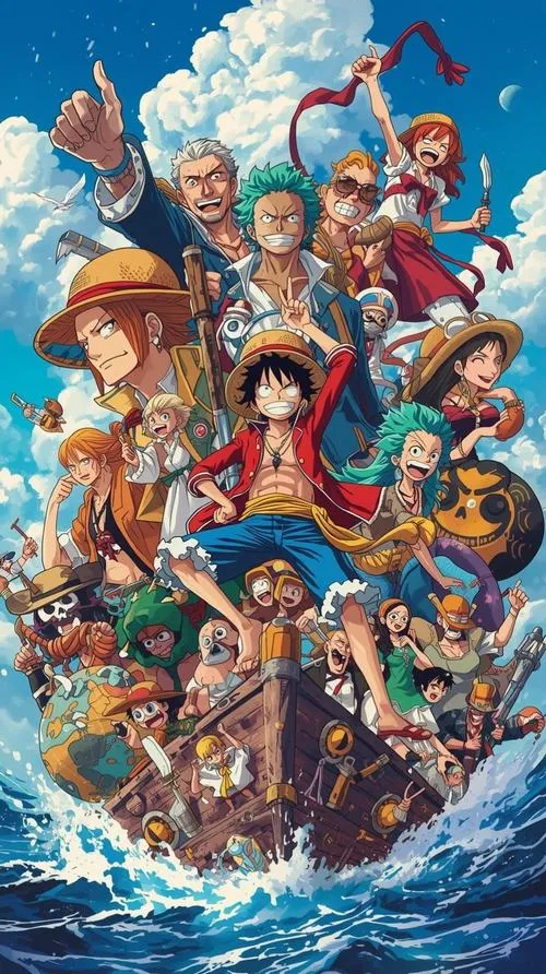 Nền điện thoại One Piece cảnh đại chiến tập thể, sóng gió dày, màu nóng lạnh đối nhau rất đã.