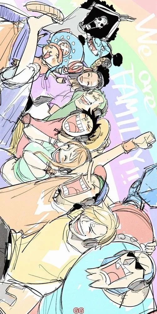 Hình nền One Piece nét vẽ mềm, băng Mũ Rơm kiểu đáng yêu, hợp ai thích ảnh fanart nhẹ nhàng.