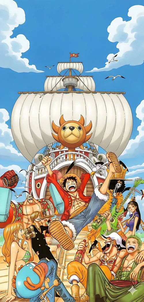 Nền điện thoại One Piece con thuyền Thousand Sunny dưới trời xanh, bố cục rộng, nhìn mát mắt.