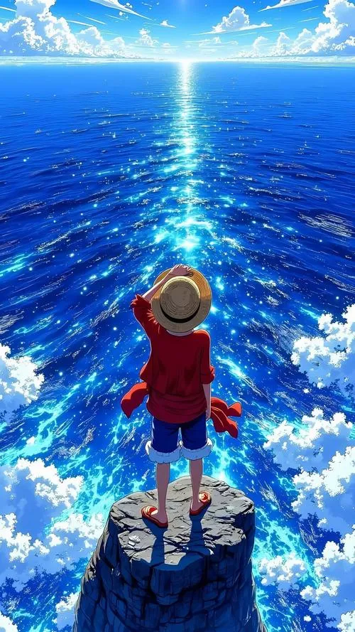 Hình nền One Piece Luffy đứng trước đường sáng trên biển, gợi cảm giác hướng về Laugh Tale.